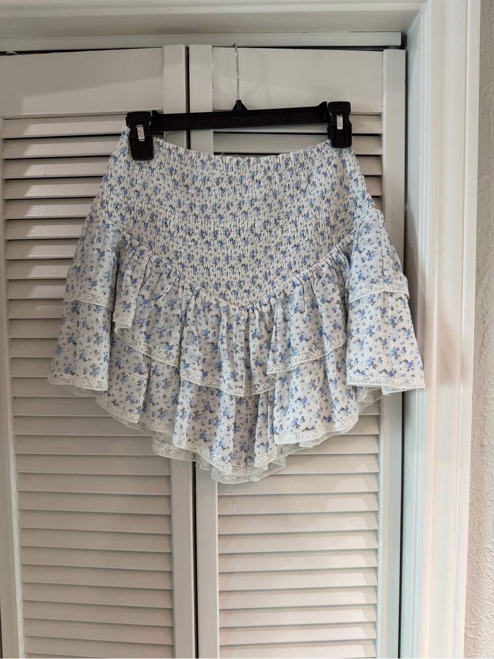 LoveShackFancy Blue Floral Ruffled Smocked Mini Skirt